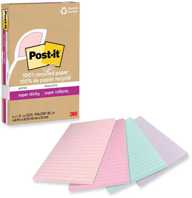Alt view image 8 of 8 - Post-it Recycled Super Sticky Notes 4" x 6" Wanderlust Pastels Collection 45 Sheet/Pad 4 Pads/Pack (4621R-4SSNRP)