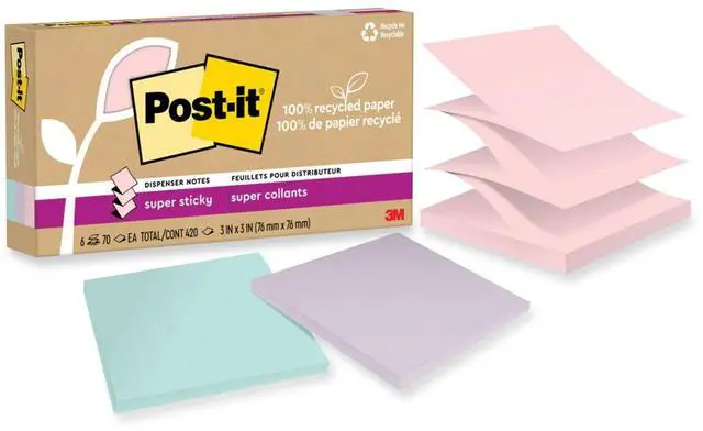 Alt view image 8 of 8 - Post-it Recycled Super Sticky Pop-up Notes 3" x 3" Wanderlust Pastels Collection 70 Sheet/Pad 6 Pads/Pack (R330R-6SSNRP)