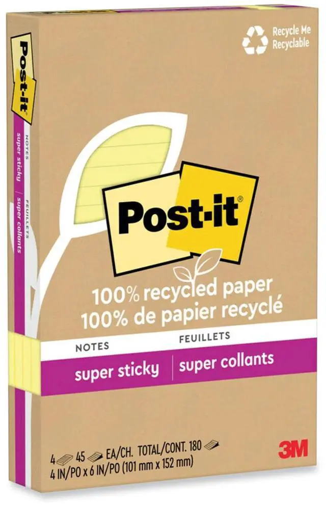 Alt view image 8 of 8 - Post-it Recycled Super Sticky Notes 4" x 6" Canary Collection 45 Sheet/Pad 4 Pads/Pack (4621R-4SSCY)