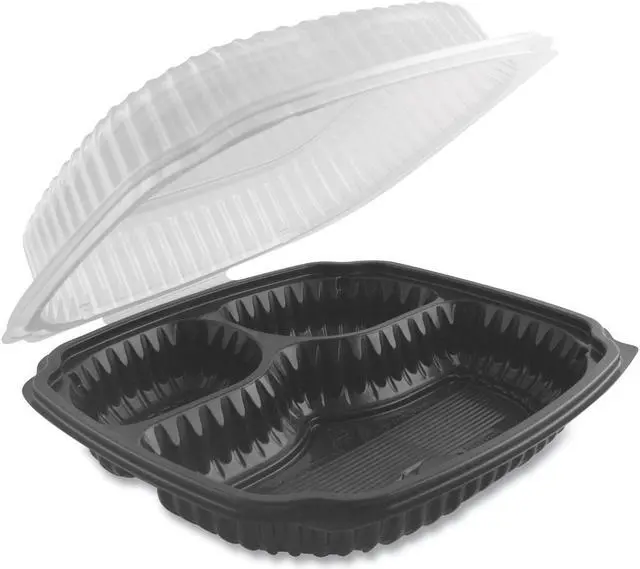 Alt view image 2 of 3 - Anchor Packaging cL9931 culinary Lites, 3-compartment, 9x9, Vented Hinged container, Black Bottom, clear Lid, 100case
