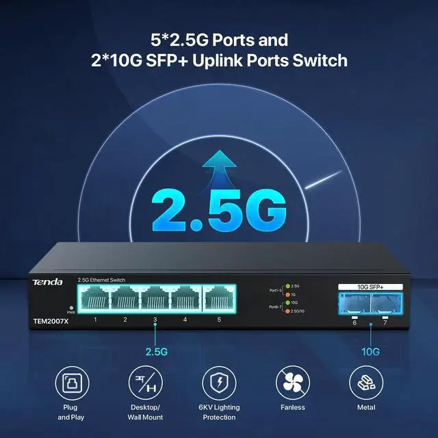 Alt view image 4 of 9 - Tenda TEM2007X 5 Port 2.5G Ethernet Switch Unmanaged 2.5Gb Switch with 5 x 2.5G Ports & 2 x 10Gb SFP+ Slots 50Gbps Switching Capacity Plug & Play Desktop/ Wall-Mount Fanless Metal Design