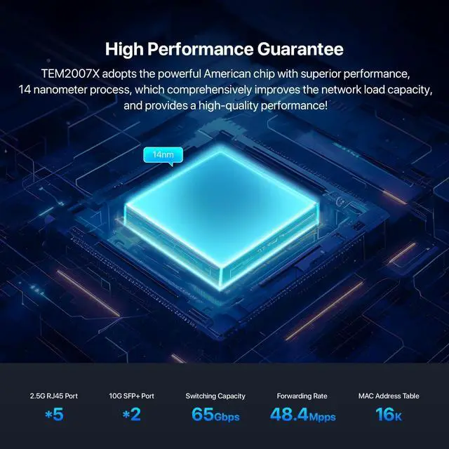 Alt view image 7 of 9 - Tenda TEM2007X 5 Port 2.5G Ethernet Switch Unmanaged 2.5Gb Switch with 5 x 2.5G Ports & 2 x 10Gb SFP+ Slots 50Gbps Switching Capacity Plug & Play Desktop/ Wall-Mount Fanless Metal Design
