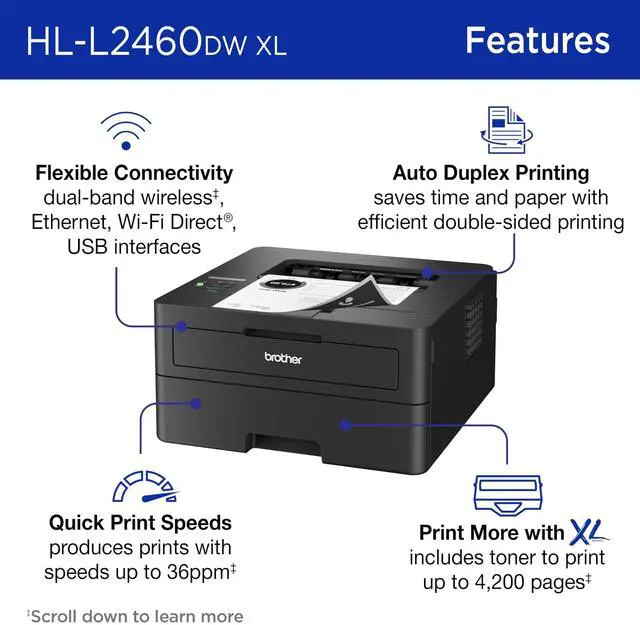 Alt view image 10 of 14 - Brother HL-L2460DW XL Up to 36 ppm Monochrome Wireless 802.11b/g/n (2.4GHz) / 802.11a/n (5GHz), Ethernet, Hi-Speed USB 2.0 Electrophotographic Laser Printer