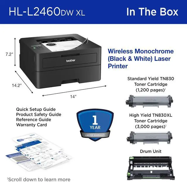 Alt view image 14 of 14 - Brother HL-L2460DW XL Up to 36 ppm Monochrome Wireless 802.11b/g/n (2.4GHz) / 802.11a/n (5GHz), Ethernet, Hi-Speed USB 2.0 Electrophotographic Laser Printer