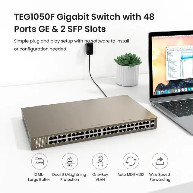 Alt view image 12 of 16 - Tenda TEG1050F Unmanaged 48-port Unmanaged Gigabit Switch With 2 SFP Slots