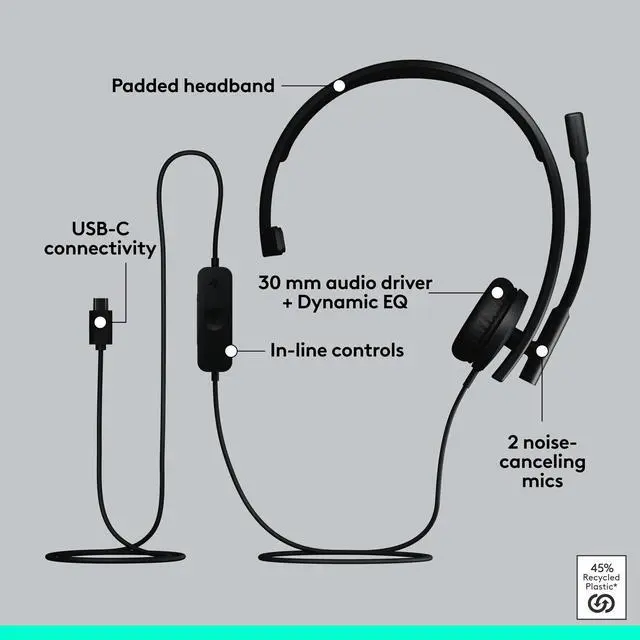 Alt view image 13 of 14 - Logitech H570e USB Headset With Microphone for PC and Mac, USB-C Wired Headset With Mono Sound, Noise-Canceling Mics and Inline Controls, Certified for Microsoft Teams, Black - Microsoft Teams Certifi
