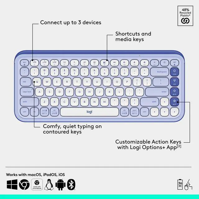 Alt view image 4 of 7 - Logitech POP ICON Bluetooth Keyboard/Mouse Combo, Lilac & Off-White 920-013043