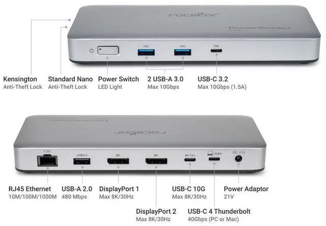 Alt view image 11 of 13 - Rocstor Premium RD14 USB4 40G Portable Dock - for Notebook/Desktop PC/Tablet/Monitor - Charging Capability - 134 W - USB4 - 2 Displays Supported - 8K @ 30Hz, 4K @ 60Hz, 4K @ 144Hz, 4K @30Hz - 7680 x 4