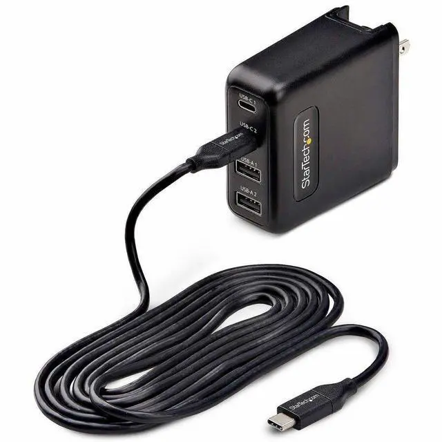 Main image of StarTech.com 100W USB-C Wall Charger, 2x USB-C, 2x USB-A, Fast Charging Portable GaN Power Adapter, PD 3.0, 6ft/1.8m USB-C to USB-C Cable - 2210GCN-WALL-CHARGER