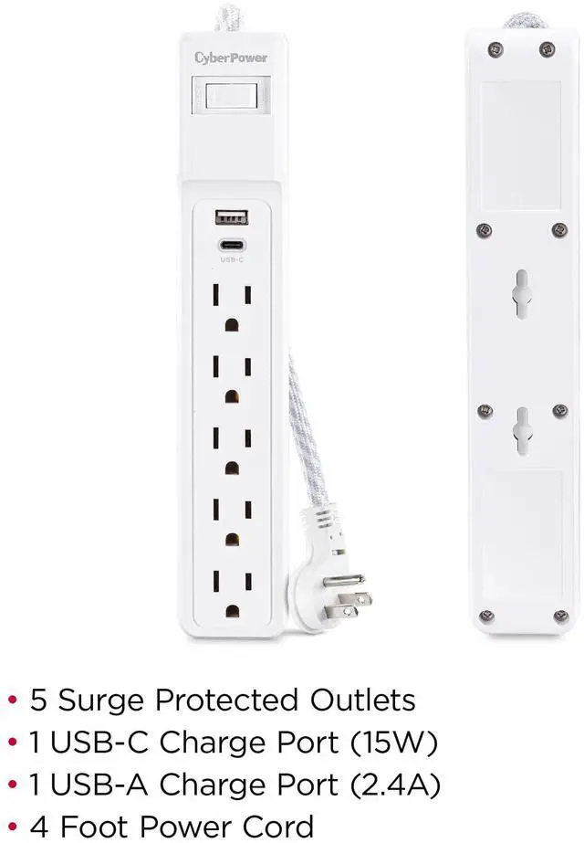Alt view image 11 of 13 - CyberPower P504UC Home Office Surge Protector, 4ft Cord, White