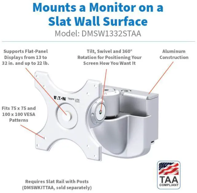 Alt view image 15 of 15 - Eaton Tripp Lite Series Monitor Mount for Slat Wall System, 13“ to 32“ Displays, TAA (DMSW1332STAA)