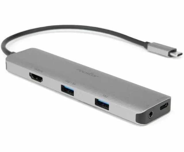 Alt view image 9 of 9 - Rocstor 3.5mm/HDMI/USB/USB-C Audio/Video Adapter - 1 x USB Type C - Male - 1 x HDMI Digital Audio/Video - Female, 2 x USB Type A - Female, 1 x Mini-phone Audio - Female, 1 x USB Type C - Female - Silv