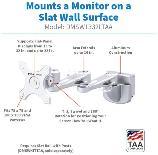 Alt view image 11 of 12 - Eaton Tripp Lite Series Dual-Extension Monitor Mount for Slat Wall System, 13" to 32" Displays, TAA (DMSW1332LTAA)