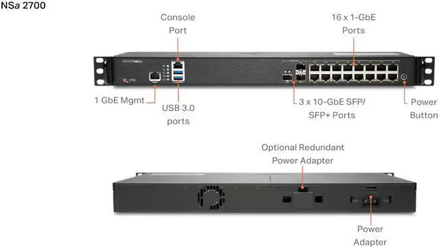 Alt view image 8 of 8 - SonicWall NSa 2700 Network Security/Firewall Appliance - Intrusion Prevention - 16 Port - 10GBase-X, 1000Base-T - 10 Gigabit Ethernet - 5.20 Gbit/s Firewall Throughput - DES, 3DES, AES (128-bit), AES