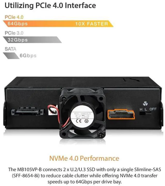 Alt view image 2 of 7 - Icy Dock ToughArmor MB105VP-B 2xU.2/U.3 PCIe 4.0 Drive Enclosure Black