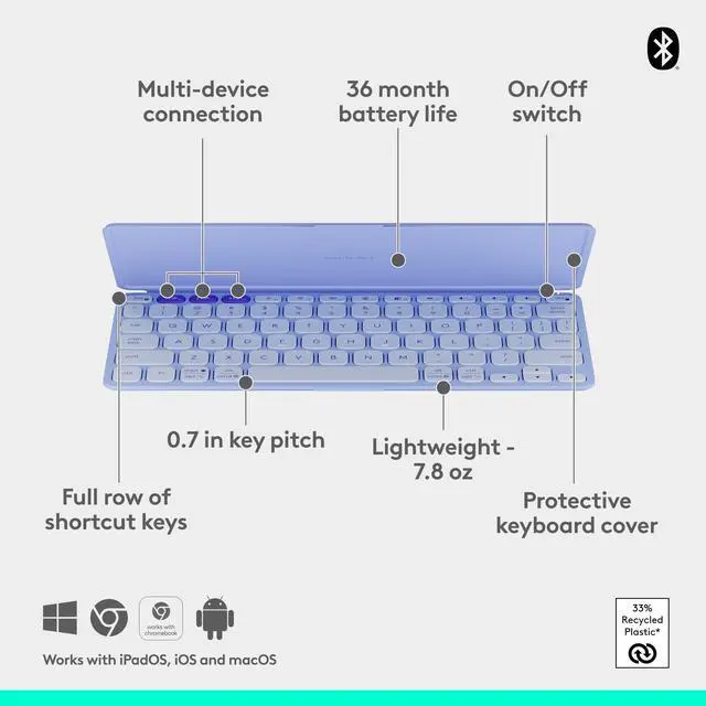 Alt view image 15 of 17 - Logitech Keys-To-Go 2 Portable Bluetooth Keyboard for Tablet With Built-in Cover - Slim and Compact Wireless Keyboard for Windows, Android, Linux, iPad, iPhone, Mac, Apple TV - Lilac