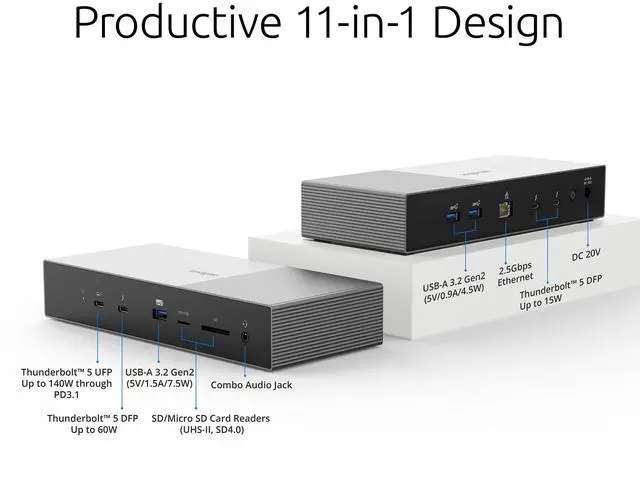 Alt view image 13 of 16 - Kensington SD5000T5 EQ Thunderbolt 5 Triple 4K Docking Station with 140W PD - Windows/macOS - for Workstation/Notebook/Monitor - Charging Capability - Memory Card Reader - SD, microSD - Thunderbolt 5