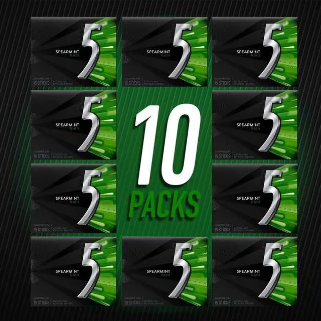 Alt view image 6 of 7 - 5 Gum Spearmint Rain 15 Sticks/Pack 10 Packs/Box WMW51404
