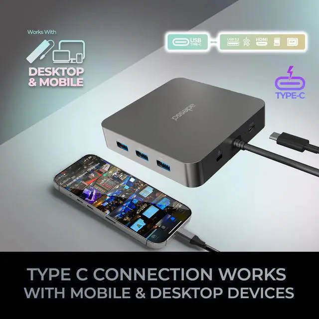 Alt view image 12 of 14 - Adesso AUH-4051 Docking Station - for Notebook/Monitor - Charging Capability - 65 W - USB Type C - 3 Displays Supported - 4K @ 60Hz, 8K @ 30Hz - 3840 x 2160, 7680 x 4320 - 5 x USB Ports - 3 x USB Type