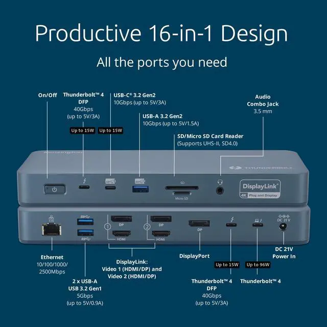 Alt view image 12 of 15 - Kensington SD5900T Docking Station - for Notebook/Smartphone/Monitor/AirPod/Smartwatch/Solid State Drive/Memory Card Reader - Charging Capability - Memory Card Reader - SD, microSD - 149.10 W - Thunde