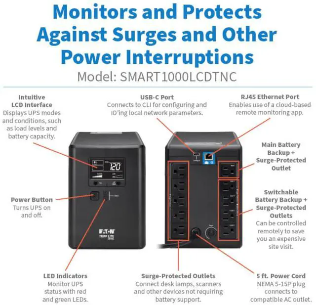 Alt view image 14 of 14 - Tripp Lite SmartPro LCD 120V 1000VA 500W Line-Interactive UPS SMART1000LCDTNC