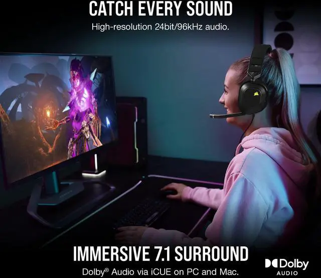 Alt view image 9 of 14 - Corsair HS80 RGB USB Wired Gaming Headset - Carbon - Stereo - USB Type A - Wired - 32 Kilo Ohm - 20 Hz to 40 kHz - On-ear, Over-the-head - Binaural - Ear-cup - 5.91 ft Cable - Omni-directional Microph