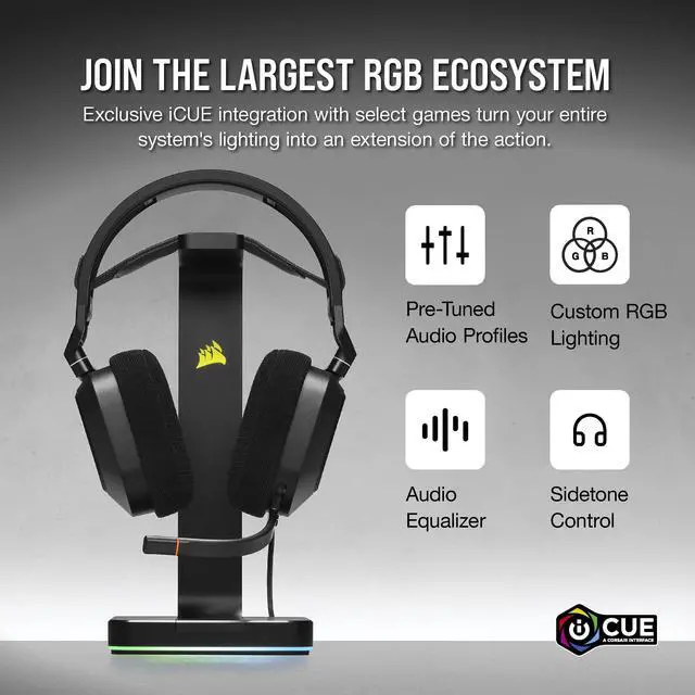 Alt view image 13 of 14 - Corsair HS80 RGB USB Wired Gaming Headset - Carbon - Stereo - USB Type A - Wired - 32 Kilo Ohm - 20 Hz to 40 kHz - On-ear, Over-the-head - Binaural - Ear-cup - 5.91 ft Cable - Omni-directional Microph