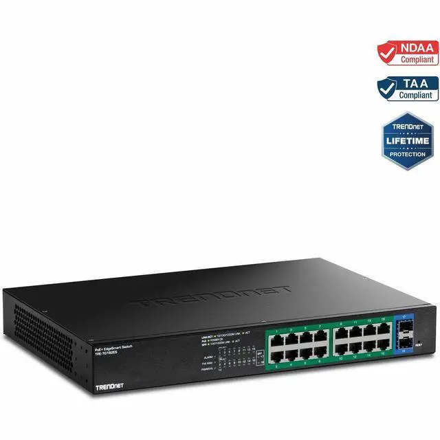 Alt view image 14 of 16 - TRENDnet 18-Port Gigabit EdgeSmart PoE+ Switch, TPE TG182ES, 240W PoE Power Budget, 16 x Gigabit PoE+ Ports, 2 x Gigabit SFP Ports, Managed Network Ethernet Switch, Lifetime Protection, Black
