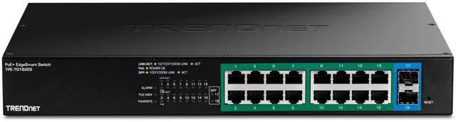 Alt view image 15 of 16 - TRENDnet 18-Port Gigabit EdgeSmart PoE+ Switch, TPE TG182ES, 240W PoE Power Budget, 16 x Gigabit PoE+ Ports, 2 x Gigabit SFP Ports, Managed Network Ethernet Switch, Lifetime Protection, Black