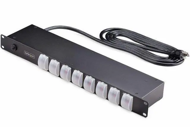 Main image of StarTech.com 8-Outlet Horizontal Rack Mount PDU, 1U Power Strip, Outlet On/Off Switches, 15A Circuit Breaker, 8ft/2.4m Cord, NEMA 5-15P/R - 8NS8-RACK-MOUNT-PDU