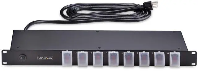 Alt view image 3 of 7 - StarTech.com 8-Outlet Horizontal Rack Mount PDU, 1U Power Strip, Outlet On/Off Switches, 15A Circuit Breaker, 8ft/2.4m Cord, NEMA 5-15P/R - 8NS8-RACK-MOUNT-PDU