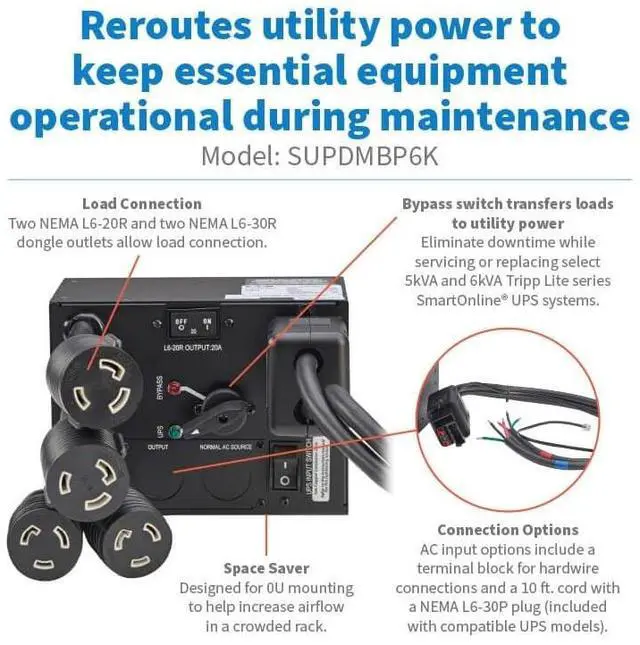 Alt view image 13 of 15 - Eaton Tripp Lite Series 5000VA & 6000VA UPS Battery Backup, 208V, 120V Stepdown Transformer & Maintenance Bypass Switch Accessory Options, AVR, Network Card, Extended Run (SU5-6KVA Series)