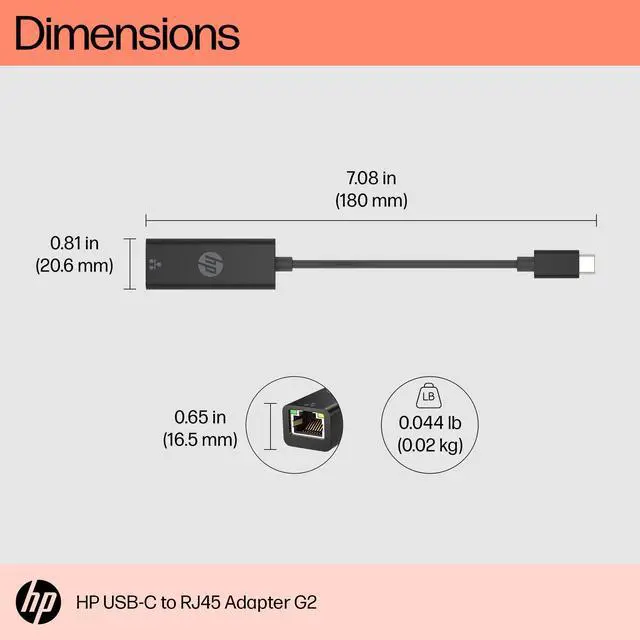 Alt view image 18 of 19 - HP USB-C to RJ45 Adapter G2 (4Z527AA) - USB Type C - 128 MB/s Data Transfer Rate - 1 Port(s) - 1 - Twisted Pair - 1000Base-T - Portable