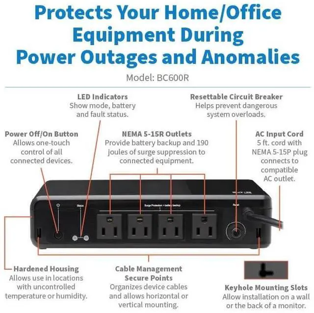 Alt view image 2 of 7 - Tripp Lite 600VA 300W 120V Standby Desktop UPS 4 Outlet BC600R
