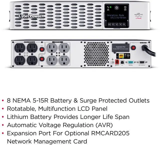 Alt view image 6 of 14 - CyberPower PRL1500RT2UC Smart App Sinewave UPS System, 1500VA/1500W, 8 Outlets, 2U Rack/Tower, AVR, Lithium
