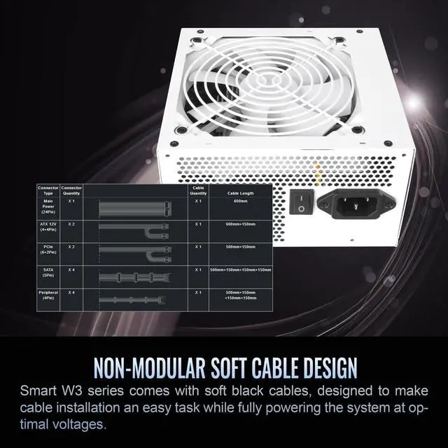 Alt view image 12 of 13 - Thermaltake Smart W3 SP3-700AH2NLW 700W Power Supply - White - Internal - 120 V AC, 230 V AC Input - 3.3 V DC, 5 V DC, 12 V DC, -12 V DC, 5 V SB Output - 700 W - Active PFC - 1 +12V Rails - 1 Fan(s) -