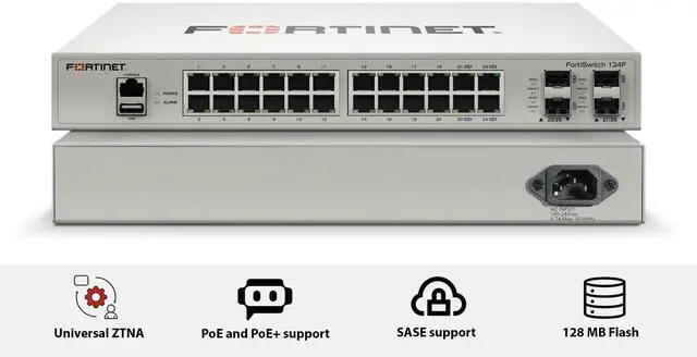 Alt view image 5 of 10 - FortiSwitch-124F Layer 2 FortiGate switch controller compatible switch with 24x 1G RJ45 and 4x 10G/1G SFP+/SFP ports and 1x RJ45 console port. Fanless.