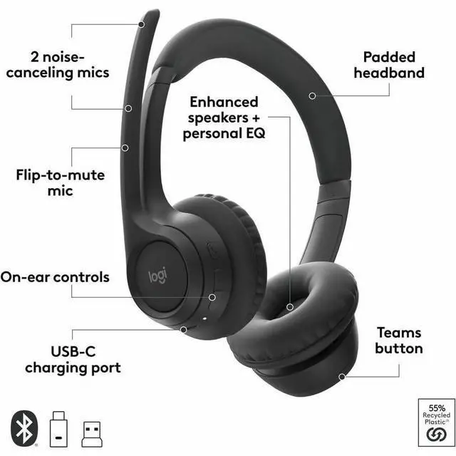 Alt view image 9 of 10 - Logitech Zone 305 Business Wireless Headset With Microphone for Microsoft Teams - Black