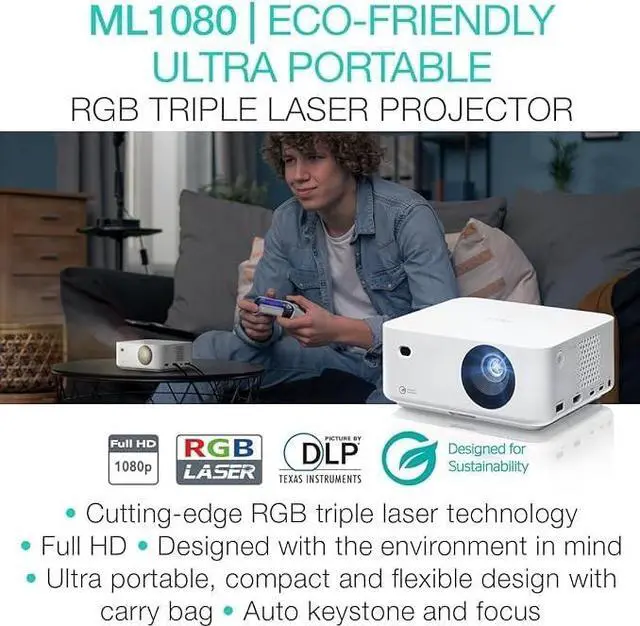 Alt view image 18 of 20 - Optoma ML1080 DLP Portable Projector - 16:9 - White - High Dynamic Range (HDR) - Front - 1080p - 30000 Hour Normal Mode - 3,000,000:1 - 1200 lm - HDMI - USB