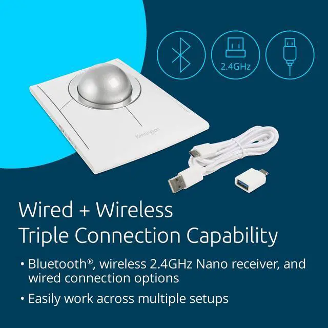 Alt view image 13 of 15 - Kensington SlimBlade Pro EQ Trackball - Optical - Cable/Wireless - Bluetooth/Radio Frequency - 2.40 GHz - Rechargeable - White - USB Type C - 8 Programmable Button(s) - Symmetrical - 4 Month Battery R