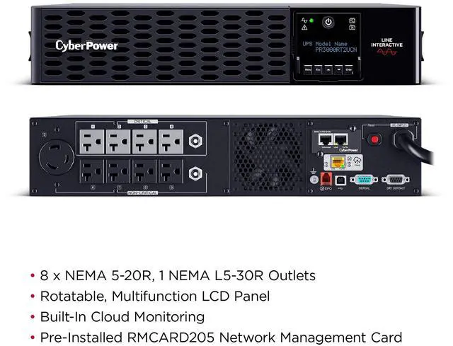 Alt view image 10 of 15 - CyberPower PR3000RT2UCN Smart App Sinewave UPS Systems - 3000VA/3000W, 100 - 120 VAC, NEMA L5-30P, 2U, Rack / Tower, Sine Wave, 9 Outlets, LCD, PowerPanel® Business