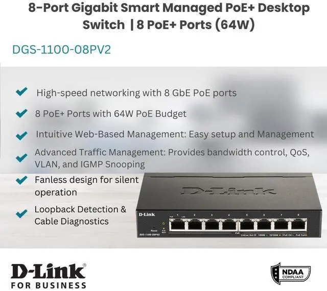 Alt view image 9 of 14 - D-Link 8-Port Gigabit Smart Managed PoE+ Switch | 8 PoE+ Ports (64W) | Compact Metal Desktop |NDAA Compliant - (DGS-1100-08PV2)
