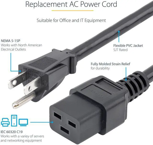 Alt view image 8 of 11 - StarTech.com PXT515C19143 3 ft. Computer power cord - NEMA 5-15P to C19, 14 AWG