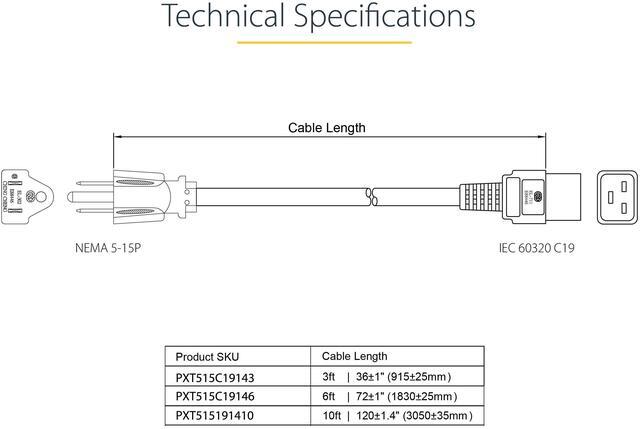 Alt view image 10 of 11 - StarTech.com PXT515C19143 3 ft. Computer power cord - NEMA 5-15P to C19, 14 AWG