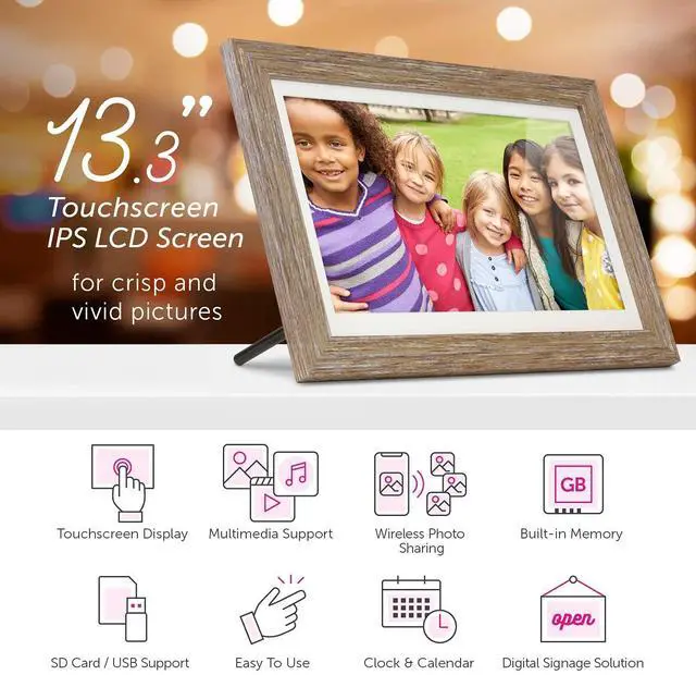 Alt view image 9 of 14 - Aluratek 13.3" WiFi Touchscreen Distressed Wood Digital Photo Frame ASHDPF13F