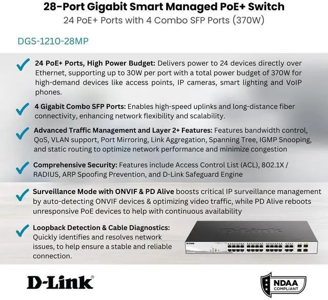 Alt view image 17 of 20 - D-Link 28-Port Layer 2 Smart Managed Gigabit Poe Switch