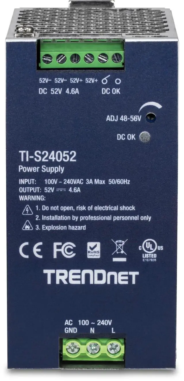 Alt view image 16 of 19 - TRENDnet TI-S24052, 240W, 52V DC, 4.61A AC to DC DIN-Rail Power Supply
with PFC Function
