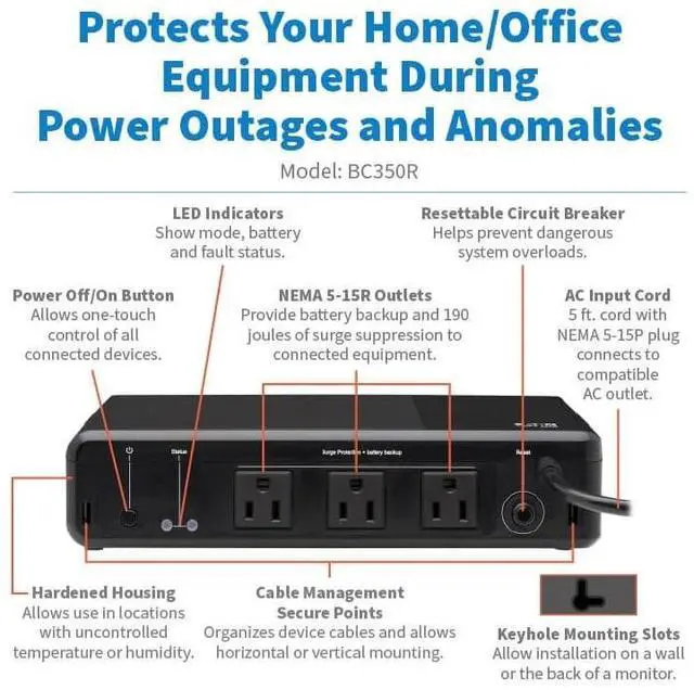 Alt view image 2 of 7 - Tripp Lite 350VA 210W 120V Standby UPS 3 Outlets Surge + Battery Backup BC350R