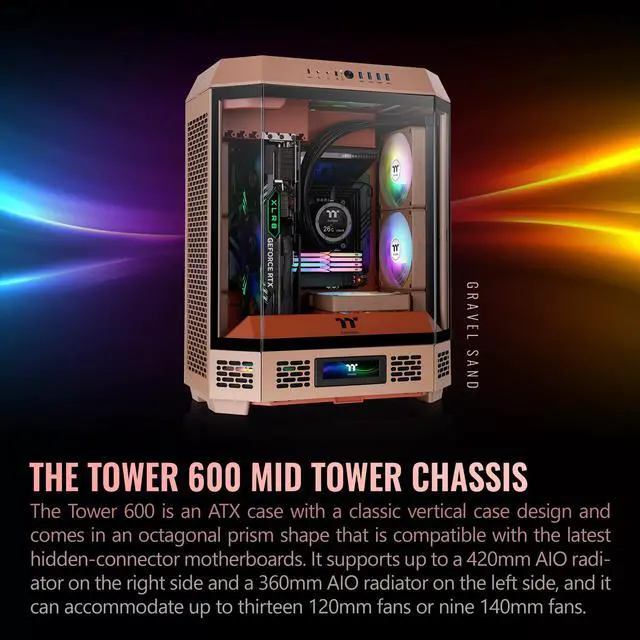 Alt view image 10 of 14 - Thermaltake Tower 600 Mid Tower; 2x140mm CT Fans Included; 420mm Radiator Support; 400mm GPU Clearance; Hidden Connector Support; Rotatable PCIe Slots; Gravel Sand; CA-1Z1-00MGWN-00