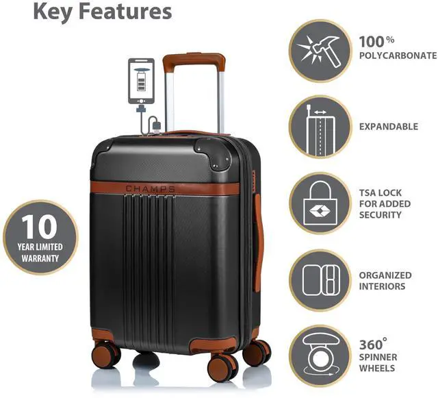 Alt view image 11 of 14 - CHAMPS Vintage Collection - Hardside Carry-on - Black - Durable Expandable Hardside 20in. Carry-on - Lightweight Polycarbonate with TSA Lock - 360-Degree Wheels and USB-Charging port for Charging on-t